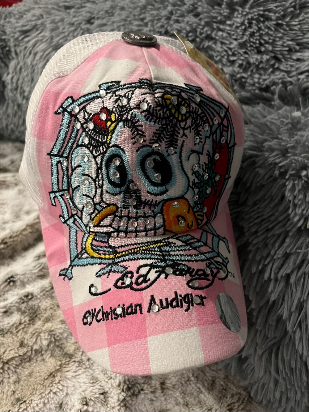 Christian Audigier Pink / White Checkered Skull Embroidered trucker vintage cap